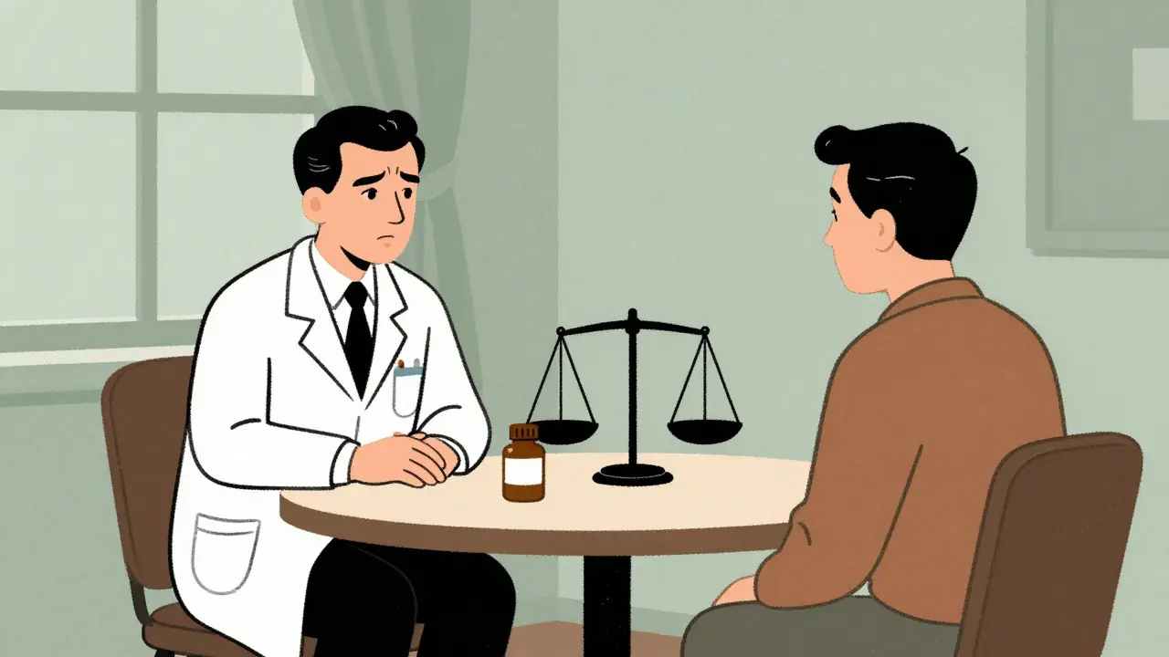 Retro-style drawing of a patient consulting a doctor about medication safety risks.