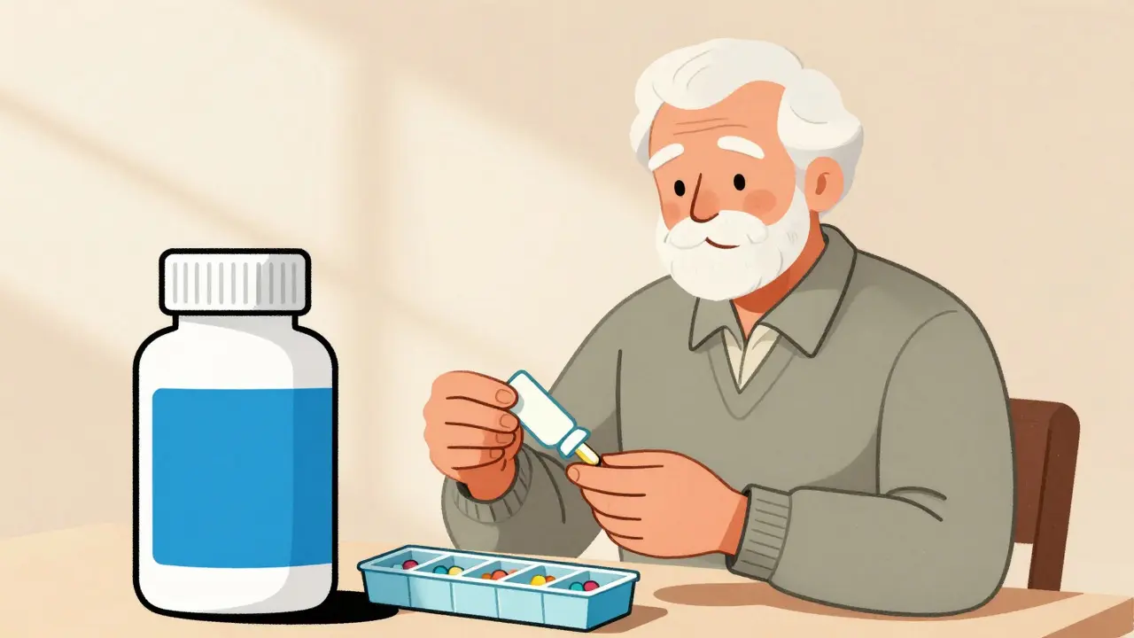 Senior citizen confidently organizing medication with large print