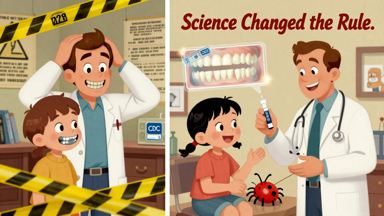 Split image: 1970s stained teeth vs. modern healthy teeth, with CDC stamp and vintage medical typography highlighting changed guidelines.