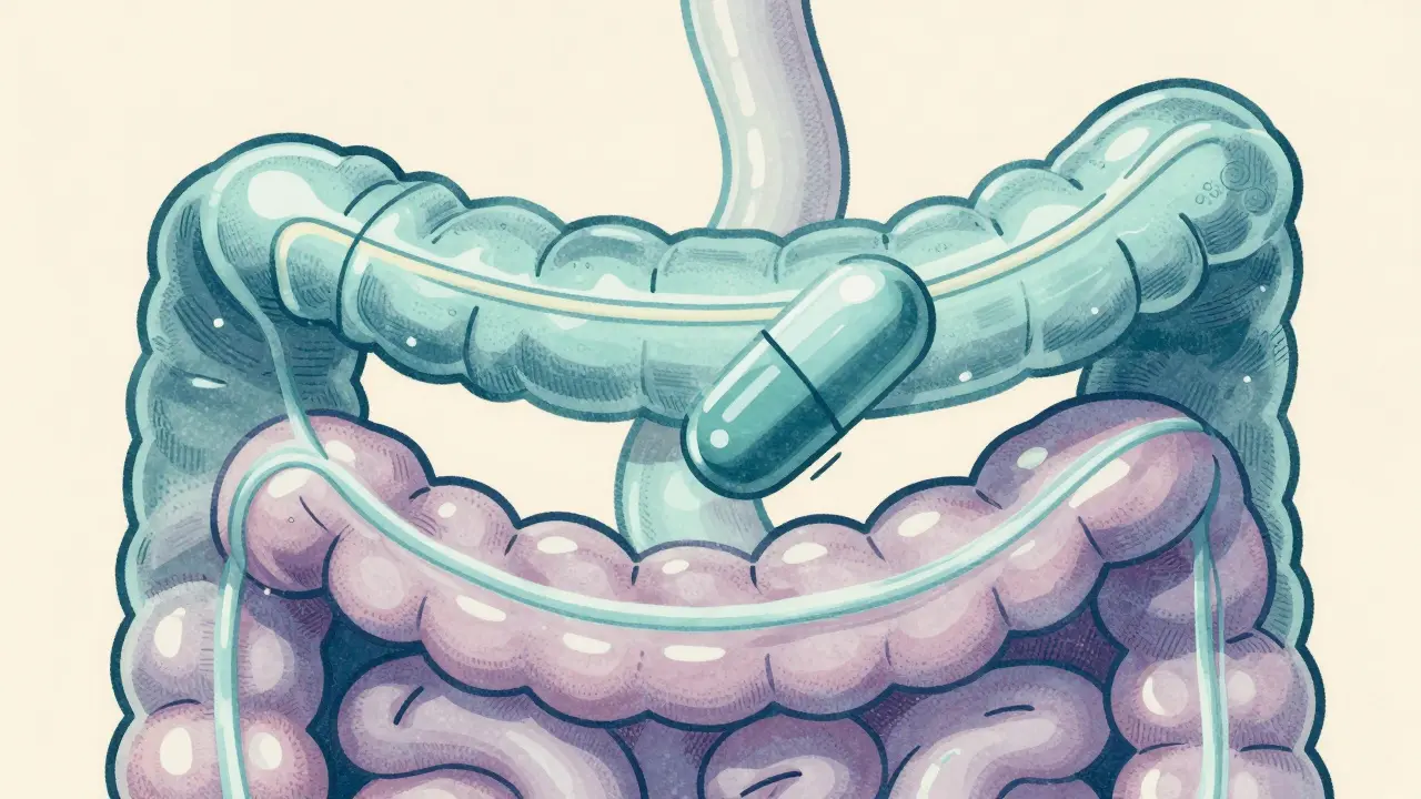 Stylized pill with protective coating inside a gut illustration