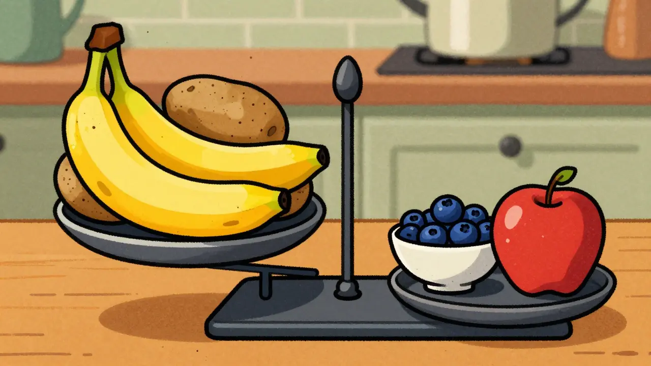 A balance scale comparing high-potassium foods like bananas to low-potassium berries and apples.