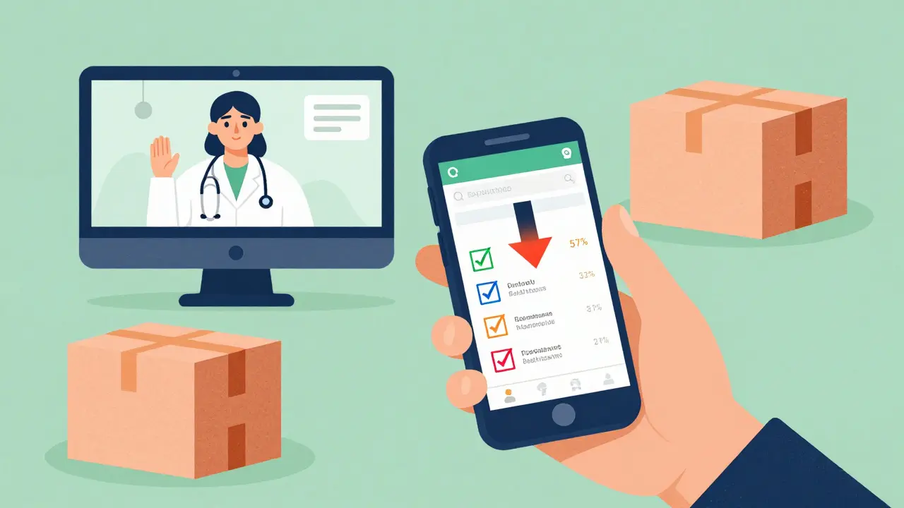 A person using a smartphone to compare online pharmacy prices and telehealth services.