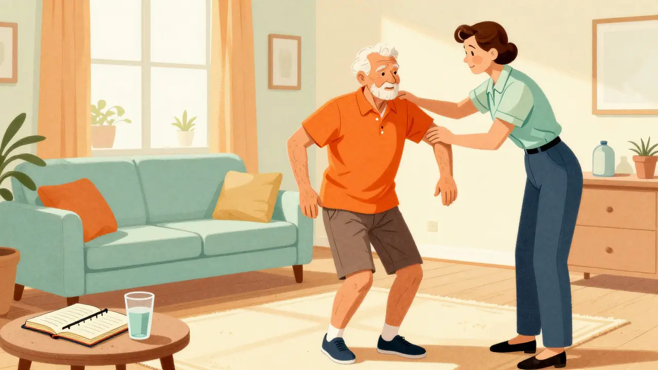 A senior doing physical therapy in a cozy room with a pain diary on the table.