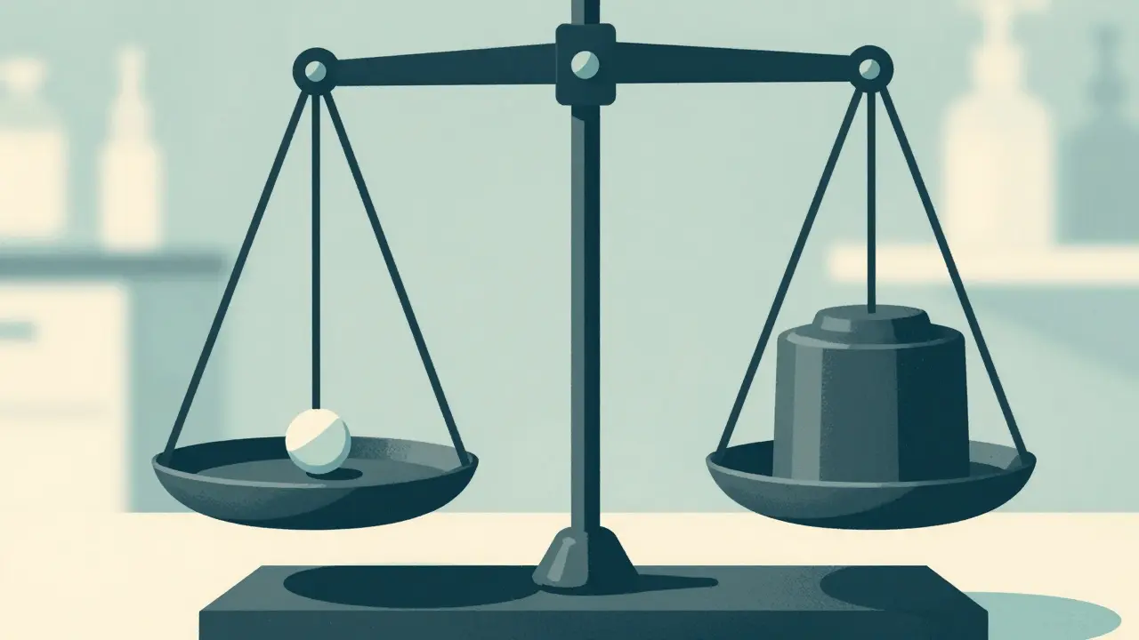 A small pill on a balance scale representing the 'start low' dosing strategy for seniors.
