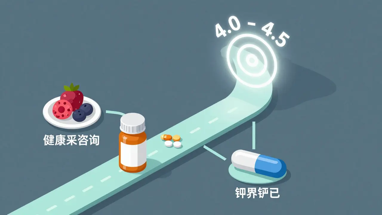 A stylized roadmap showing the steps of medical management to reach a target potassium level.