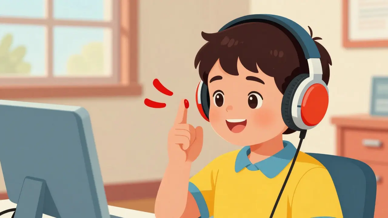 A young child wearing headphones and pressing a button during a hearing test.