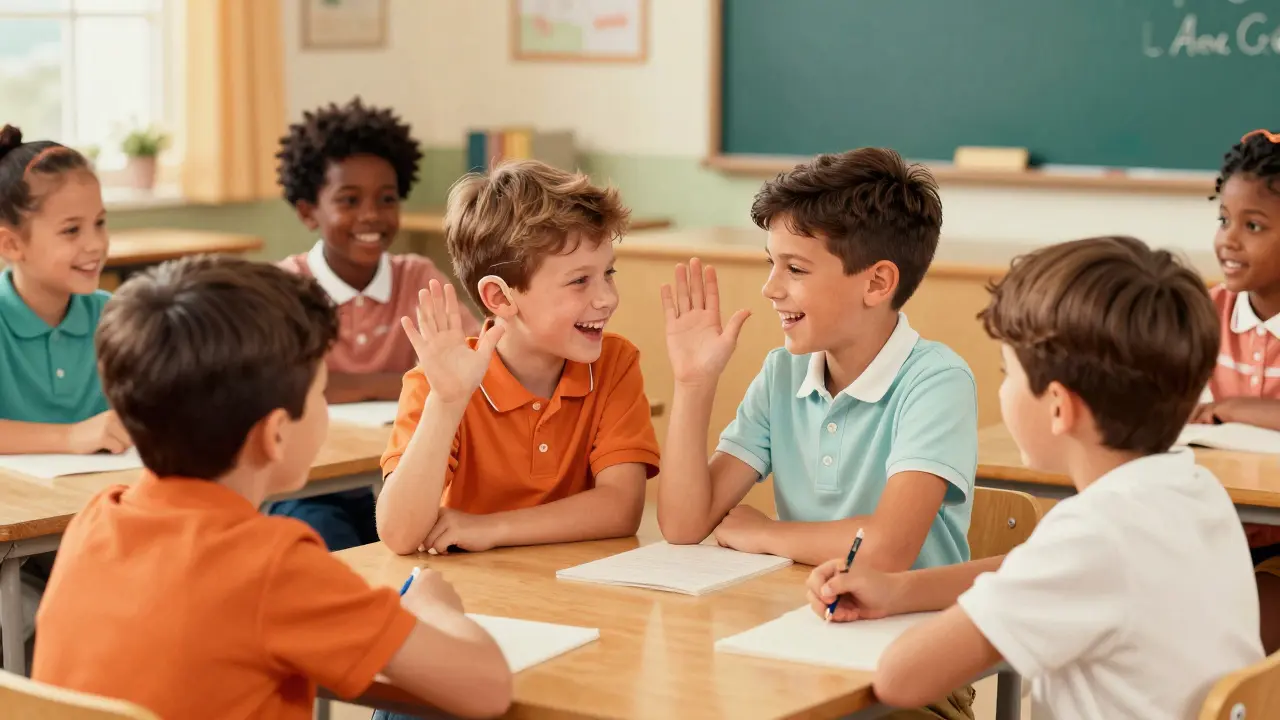 Children playing and communicating using sign language and cochlear implants.