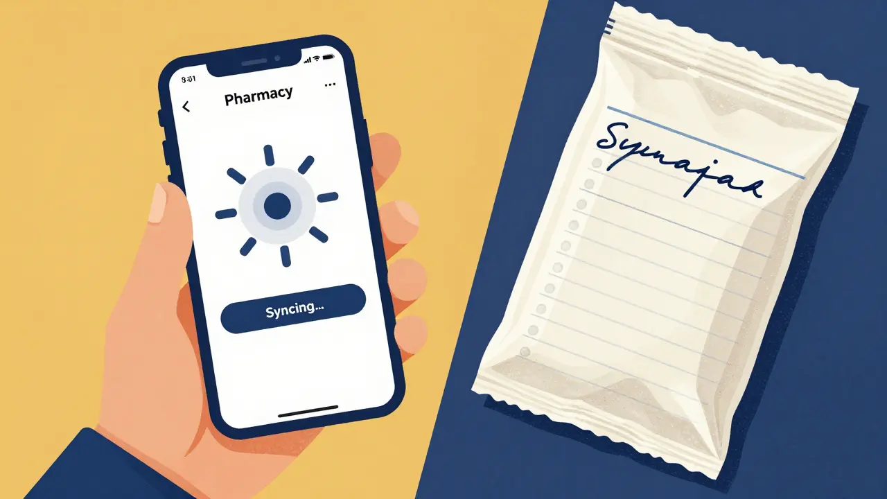 Comparison between a loading pharmacy app and handwritten pharmacy notes