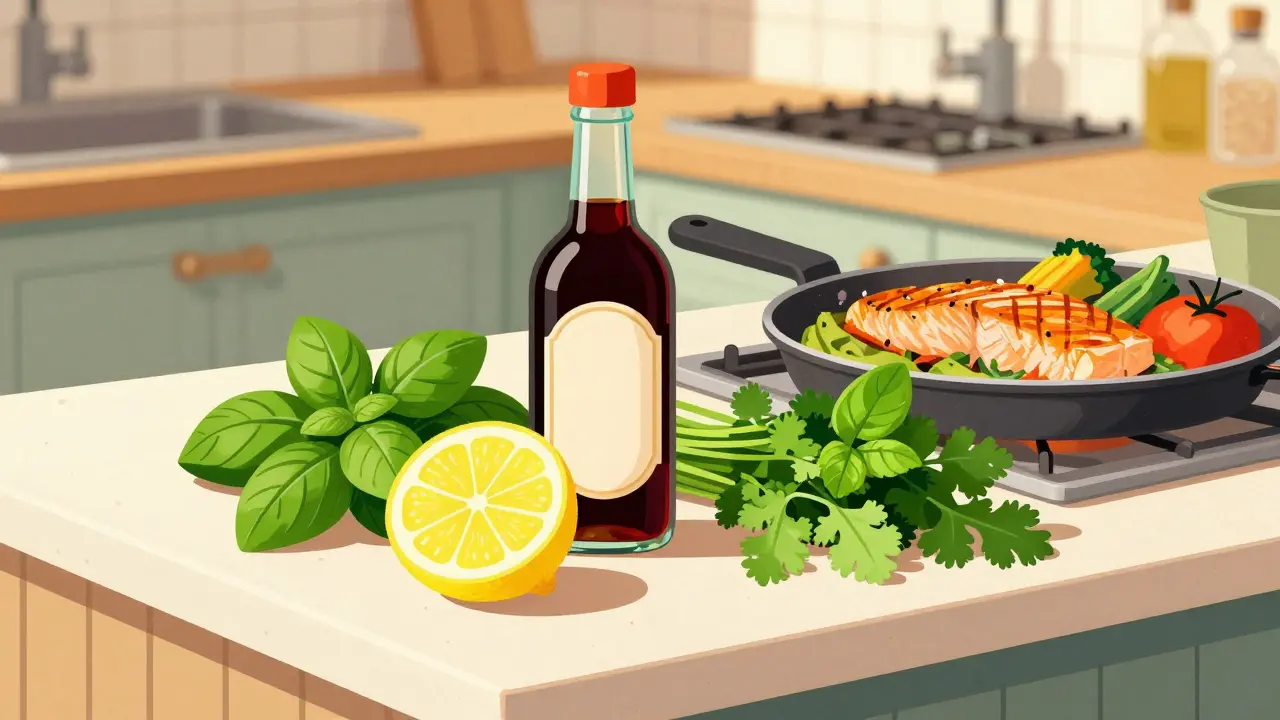 Fresh lemons, herbs, and vinegar on a kitchen counter as healthy salt alternatives.