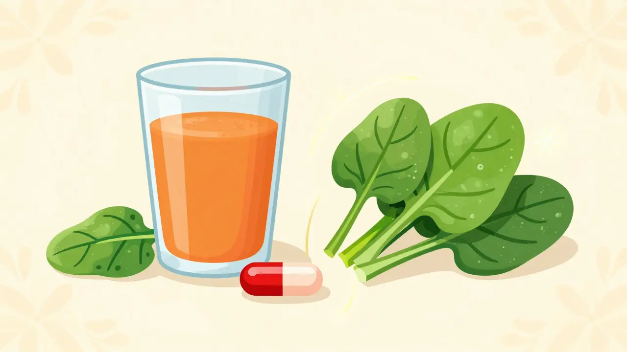 Grapefruit juice, pill, and spinach arranged conceptually on table.