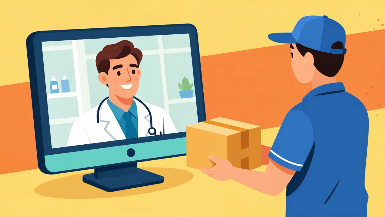 Illustration of a patient having a telehealth video call and receiving medication delivery.