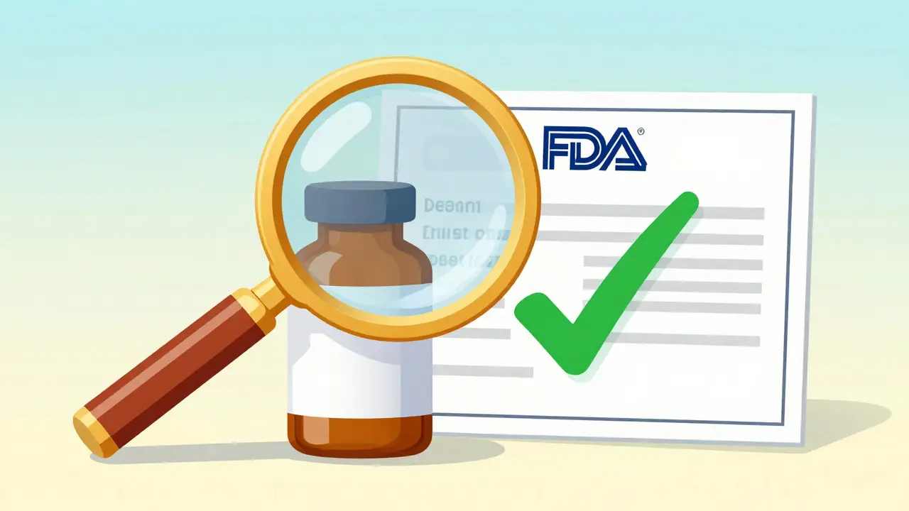 Magnifying glass inspecting a medication bottle and FDA approval seal for safety.