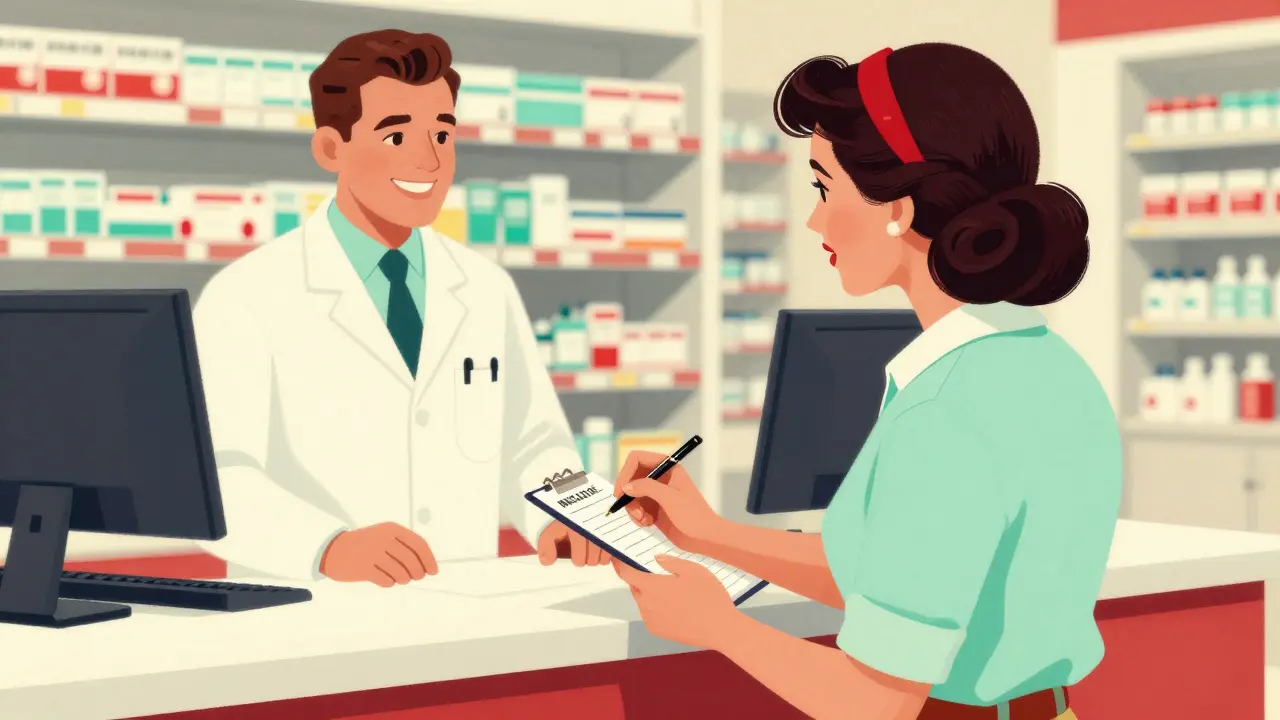 Patient taking notes while talking to a pharmacist at the counter