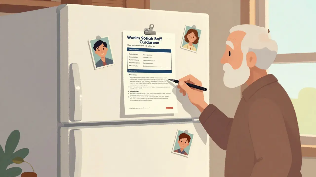 Senior reviewing laminated sheet on refrigerator door.